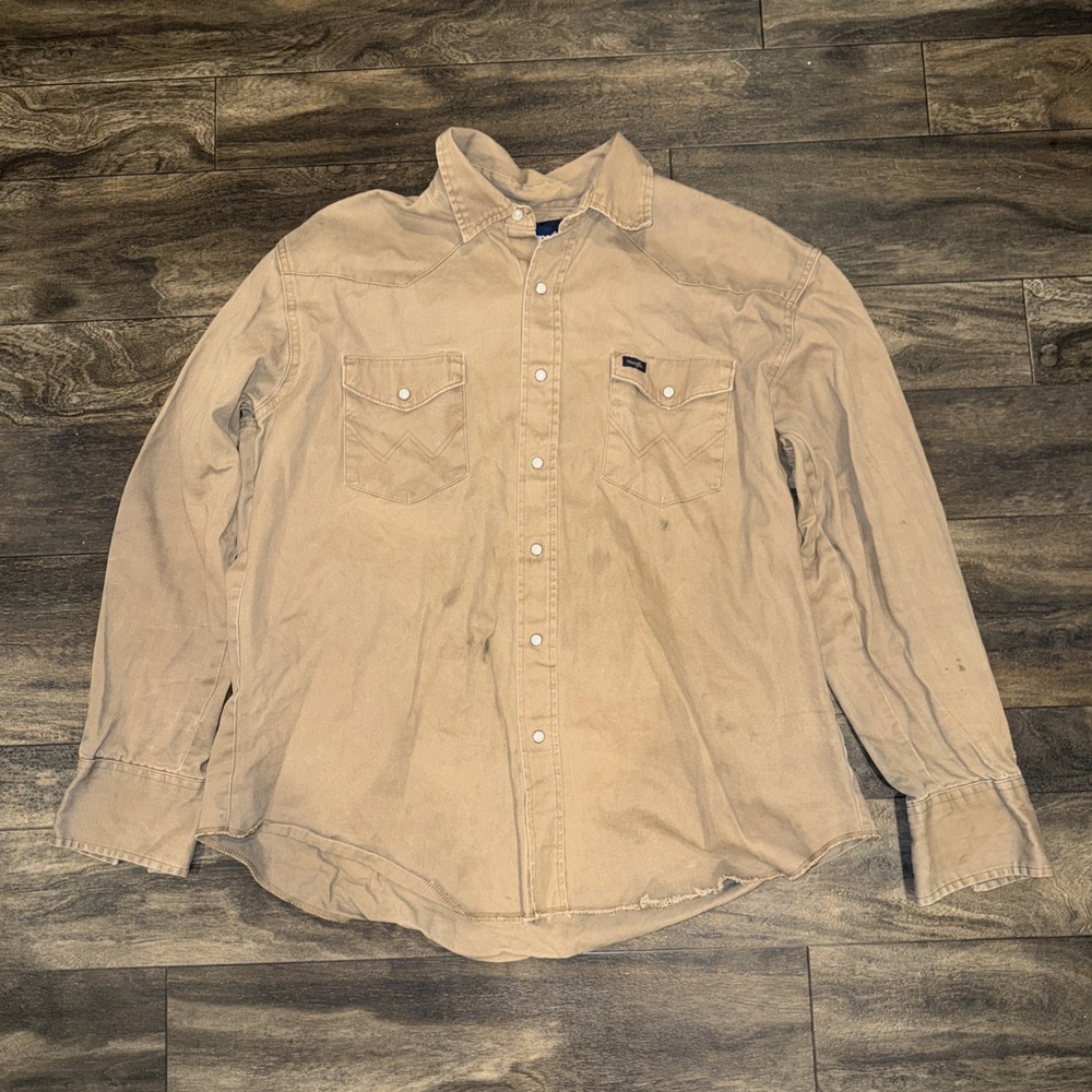 Wrangler Western Pearl Snap Button-Down Shirt Longsleeve Men's Size XL Tan Work